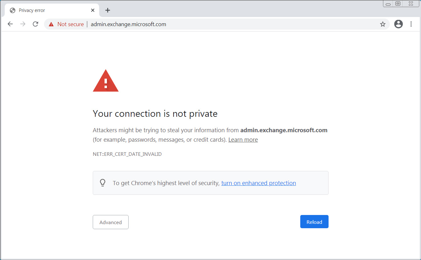 Google Chrome blocking access to admin.exchange.microsoft.com
