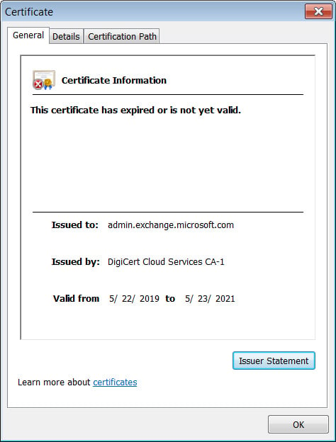 Expired SSL certificate for admin.exchange.microosft.com