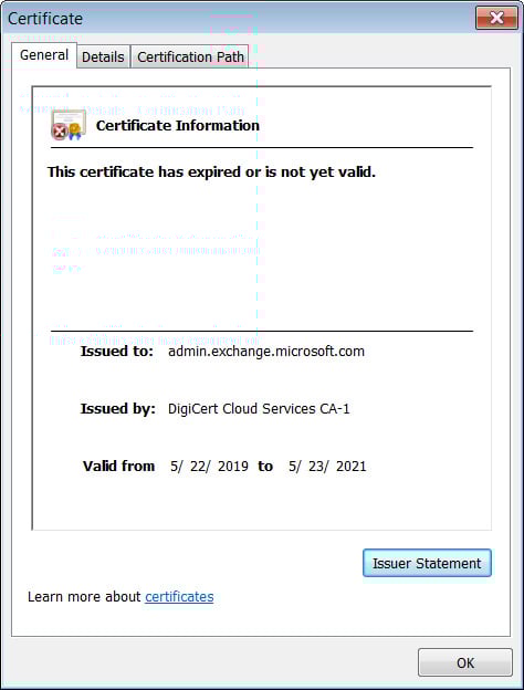 office 365 outlook security certificate has expired