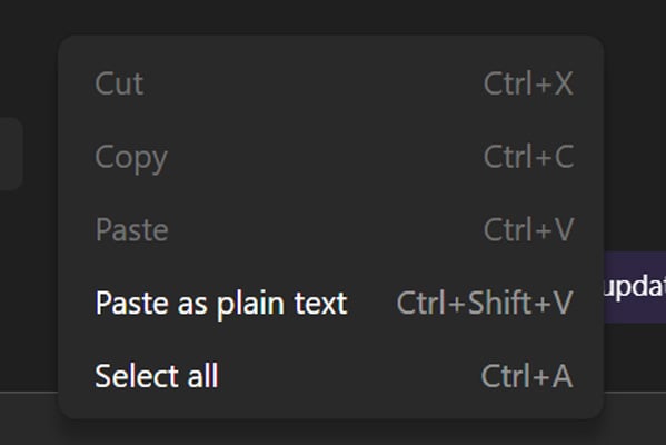 Paste option in Microsoft Teams is greyed out