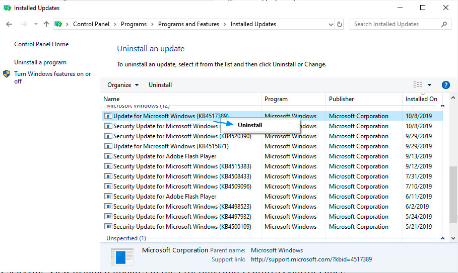 Uninstall the KB4517389 Update Uninstall the KB4517389 Update