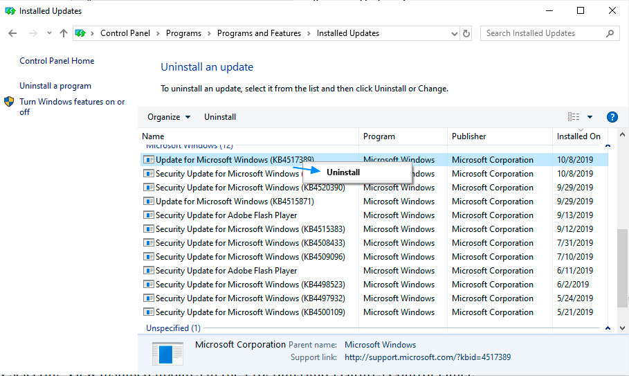 Uninstall the KB4517389 Update
