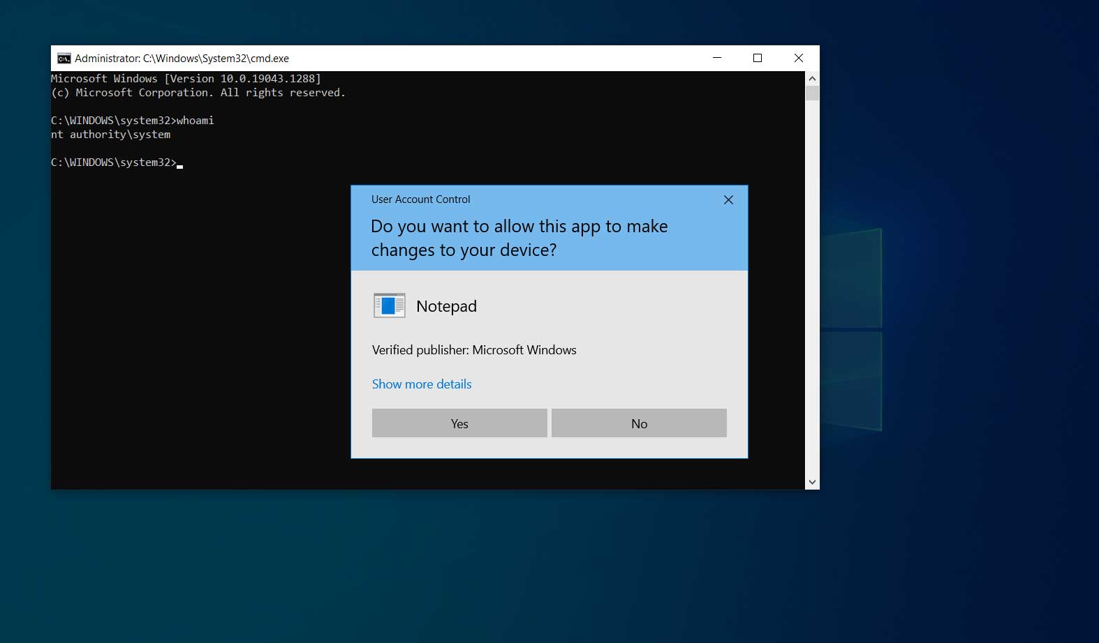 Exploit launching an elevated command prompt behind UAC prompt
