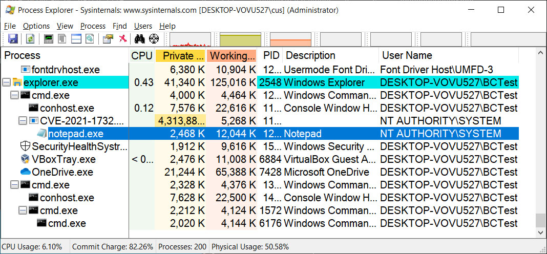 Notepad launched with SYSTEM privileges by exploit