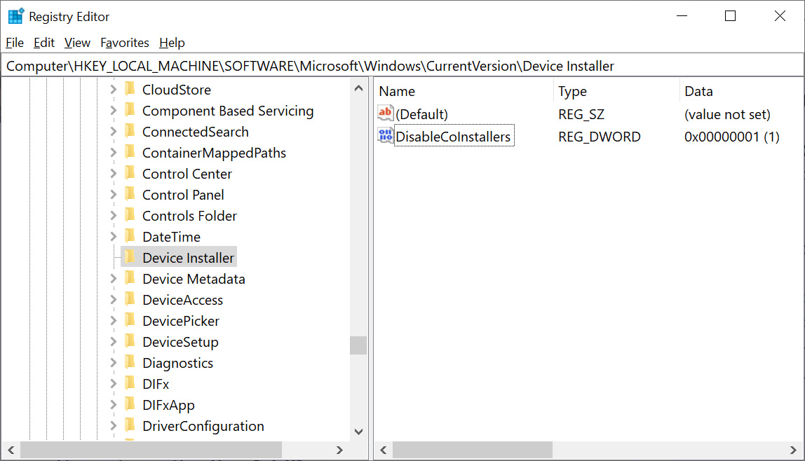 The DisableCoInstallers Registry value