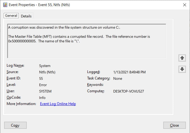 Registro del visor de eventos que muestra la corrupción NTFS del comando