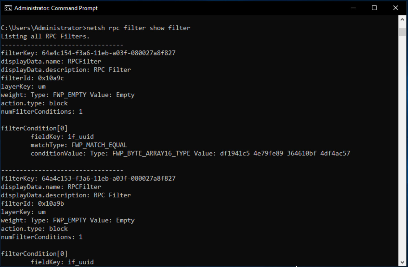 NETSH RPC filters configured to block PetitPotam