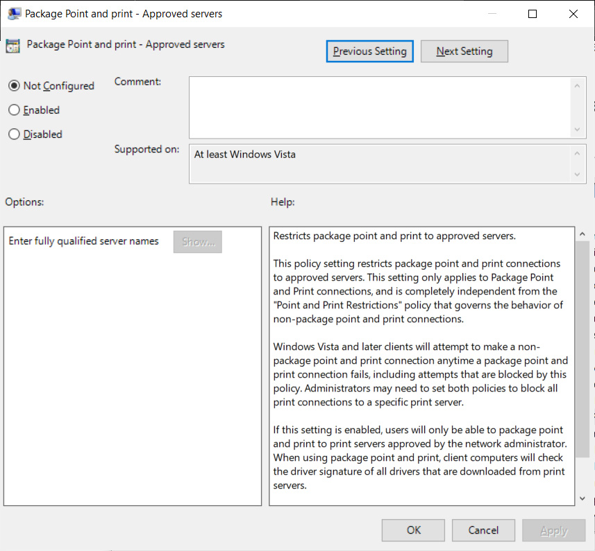 Package Point and print - Approved servers group policy