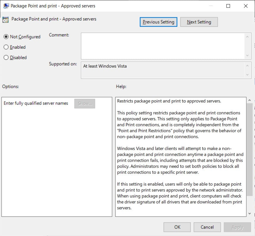 Package Point and print - Group policy of approved servers