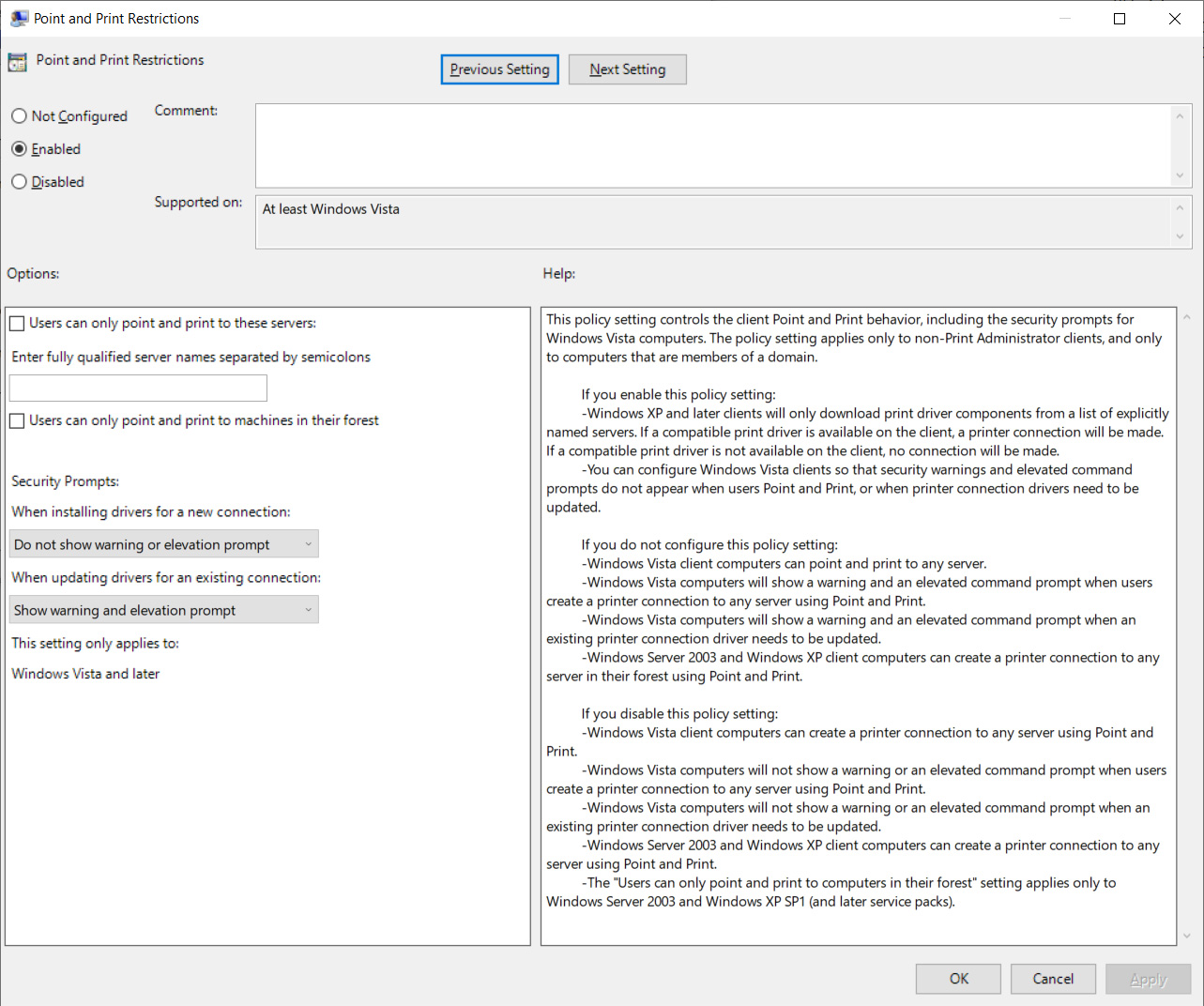 Point and Print restrictions policy