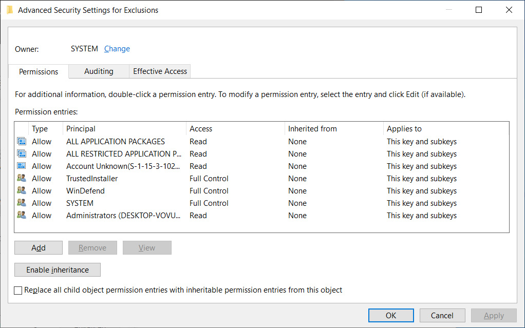 New permissions for the Exclusions Registry key