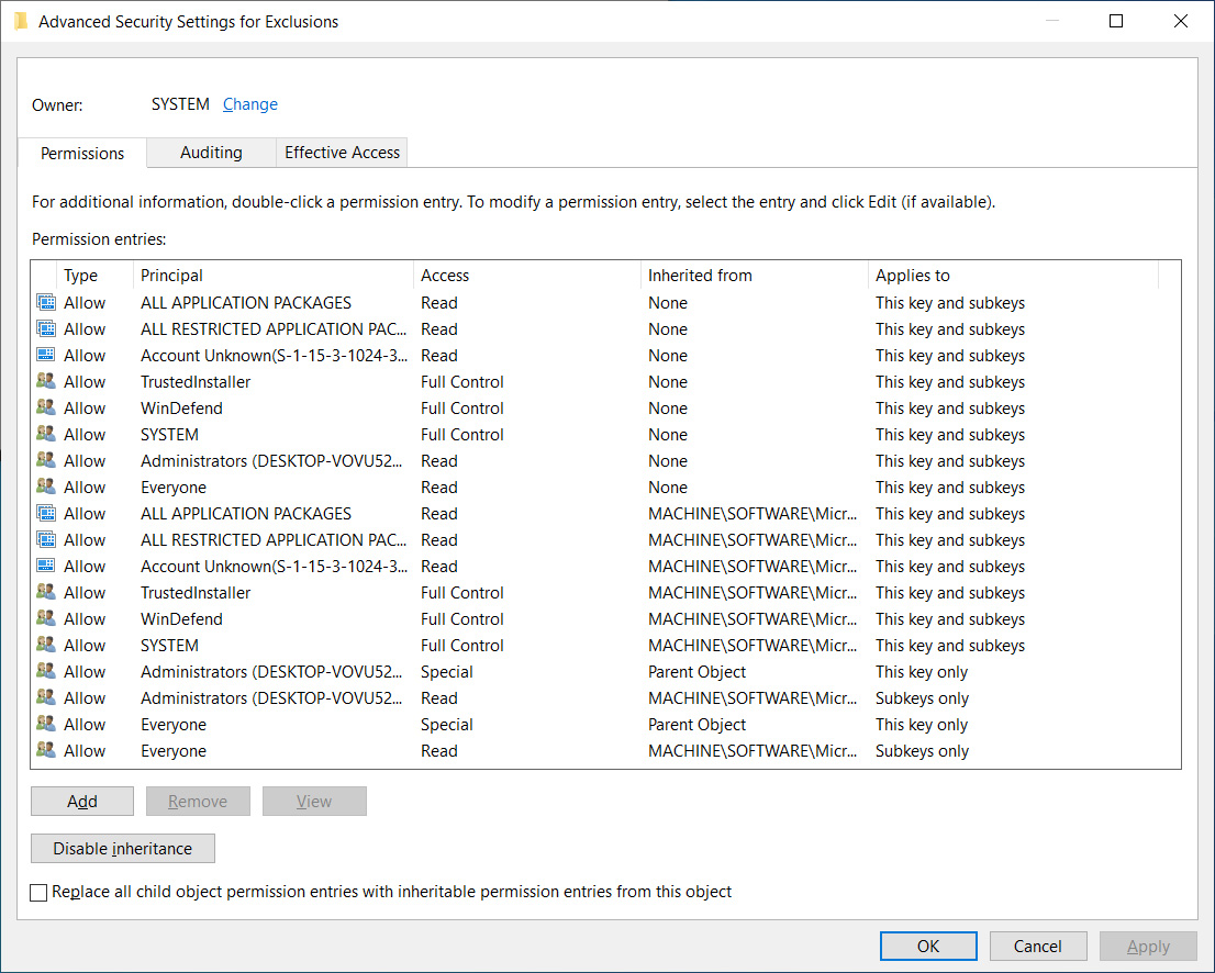 Exclusions Registry key accessible by the Everyone group