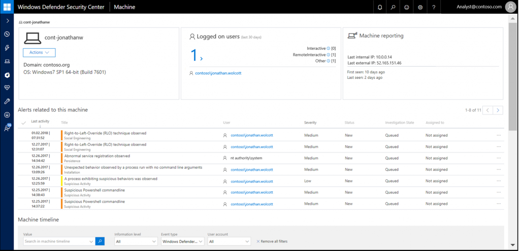 Windows Defender ATP showing data from a Windows 7 endpoint