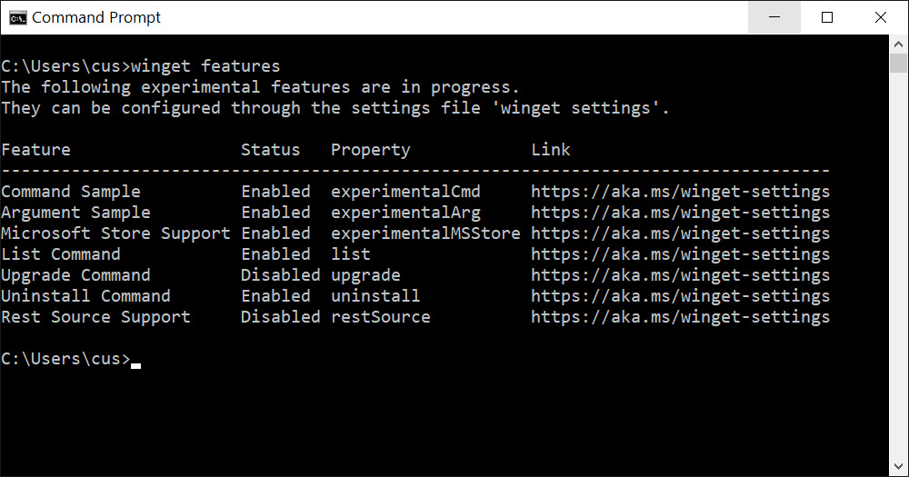Listing the status of experimental features in Winget