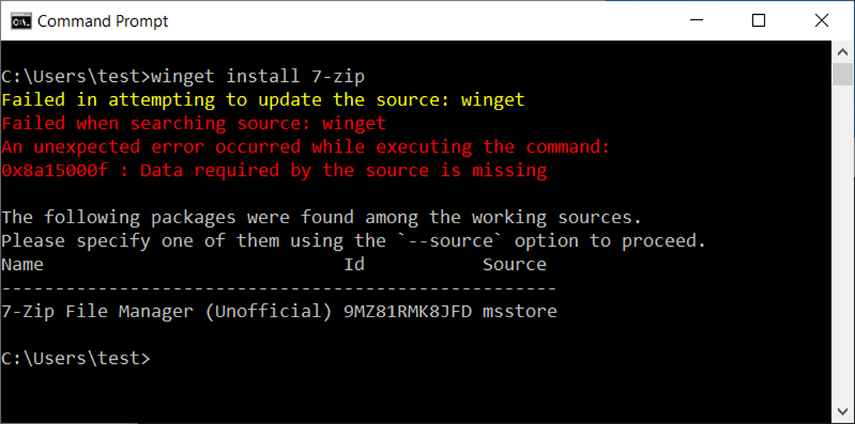 WinGet menampilkan kesalahan