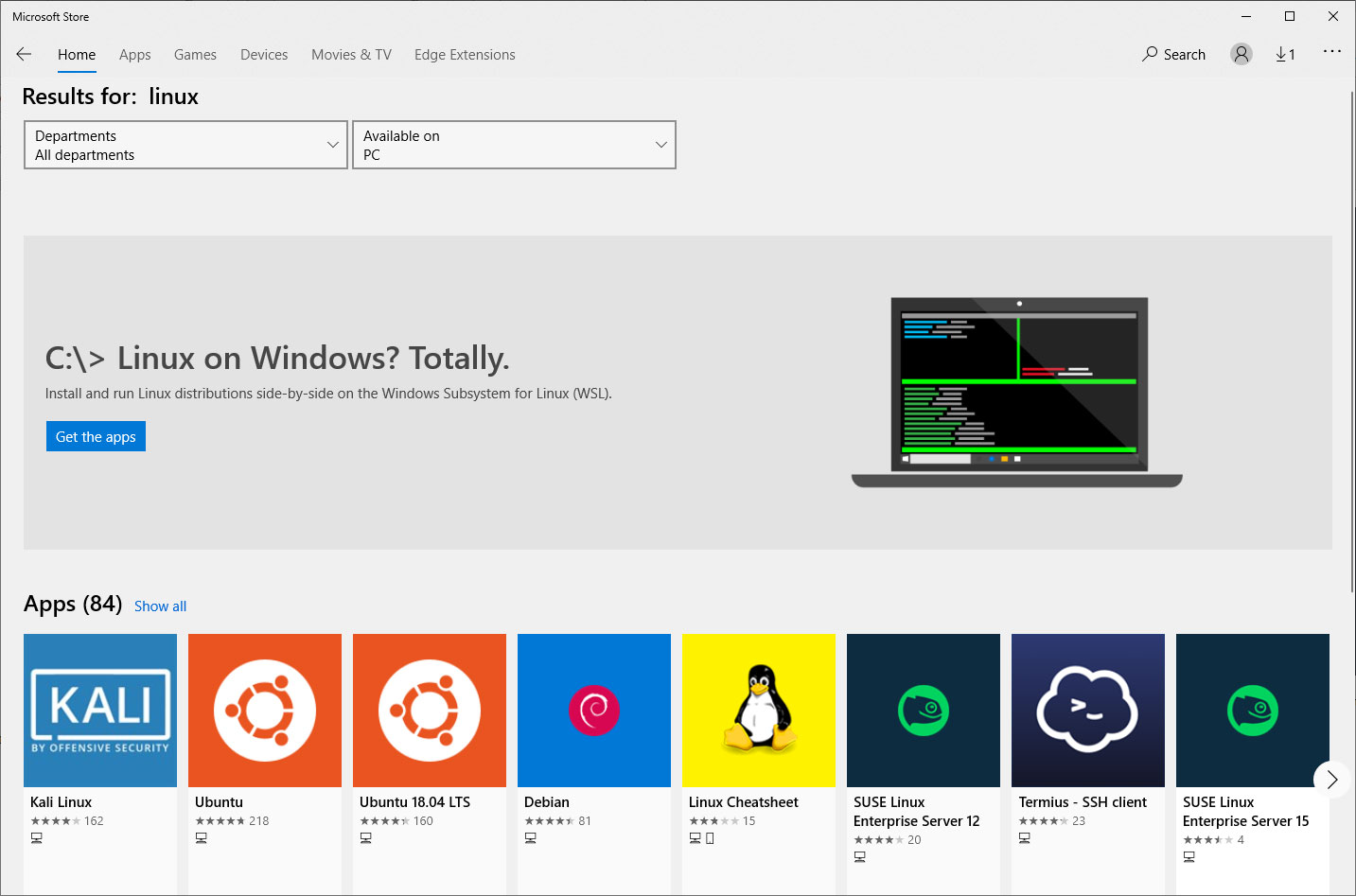 Linux distributions in the Microsoft Store