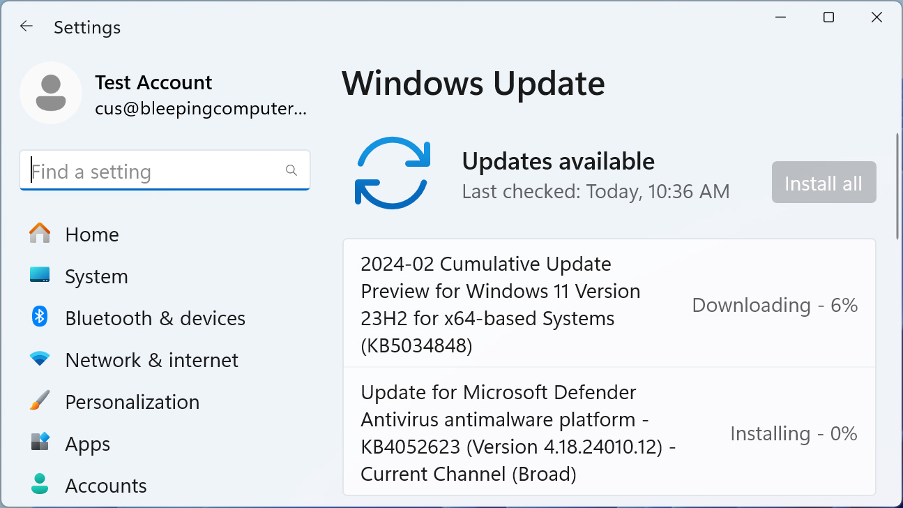 Windows 11 KB5034848 toplu güncelleştirme önizlemesi