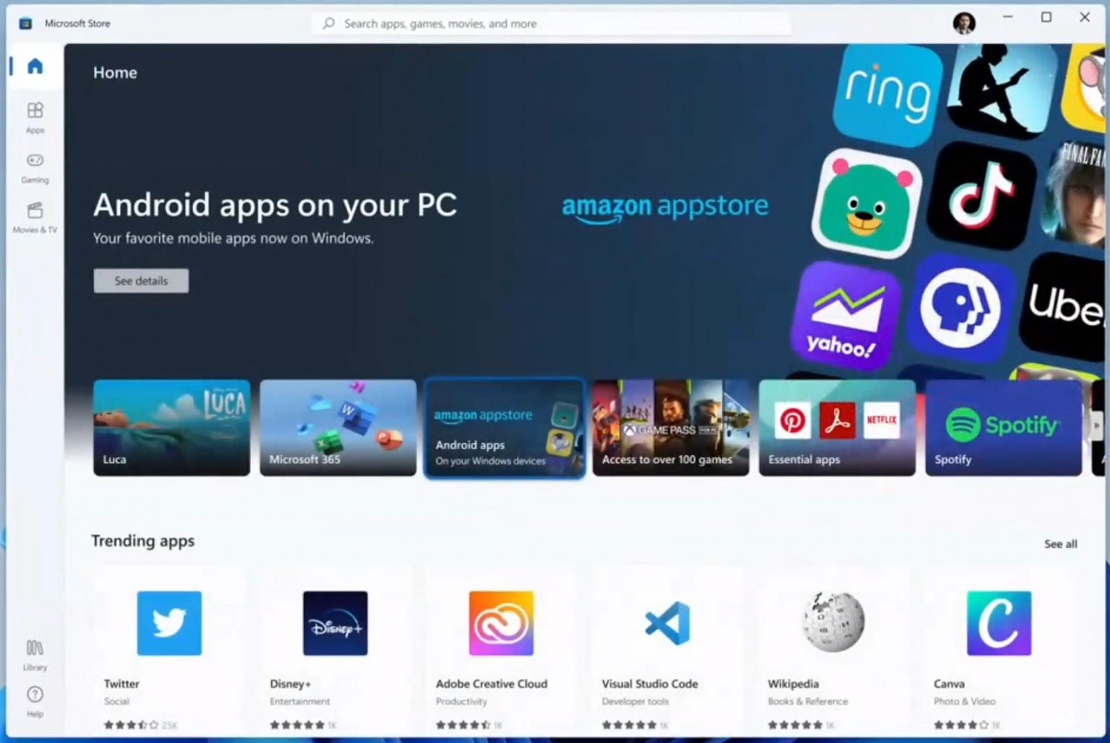 Android apps section in the Windows 11 Microsoft Store