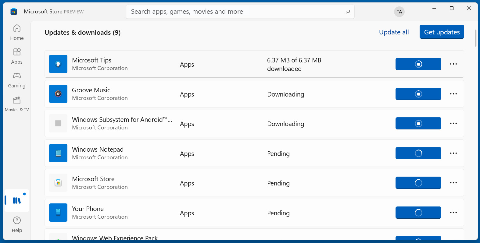 Windows Subsystem for Android installed via the Microsoft Store