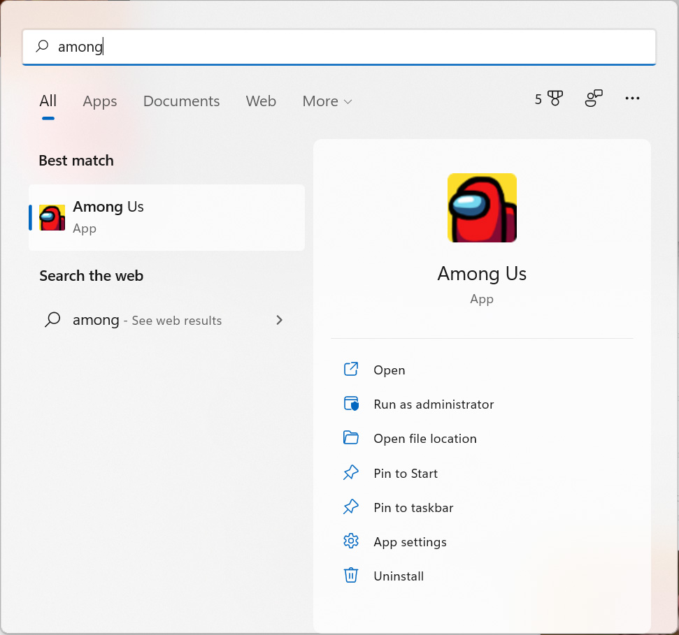 Sideloaded Among Us now available in the Windows 11 Start Menu