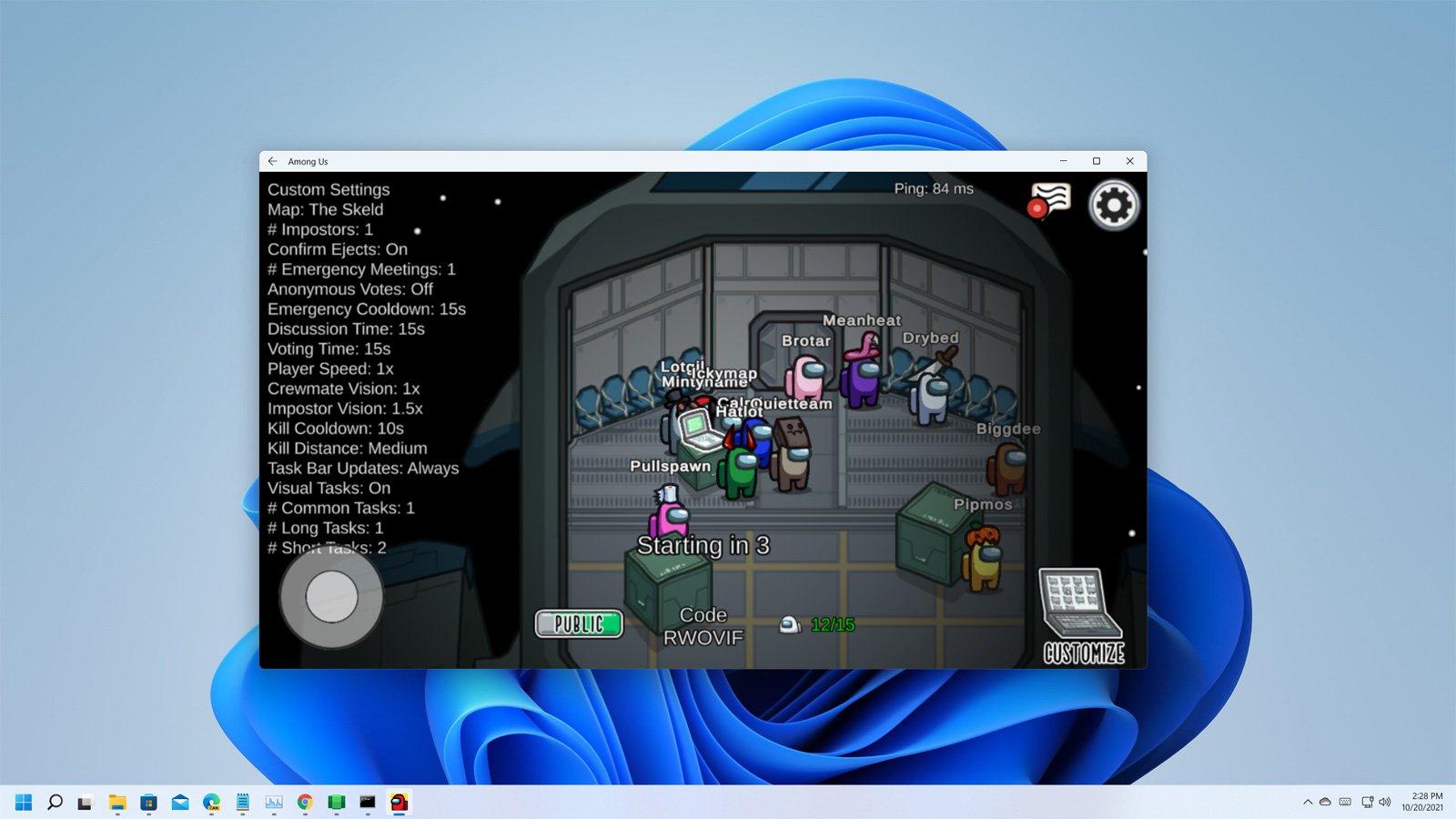 Among Us Android app running in Windows 11