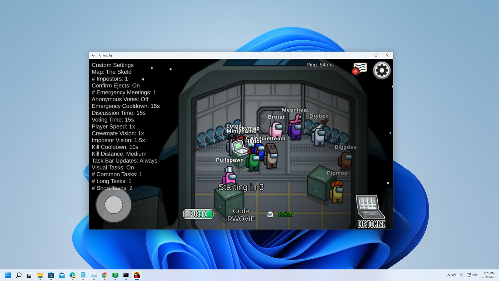 Among Us Android app running in Windows 11