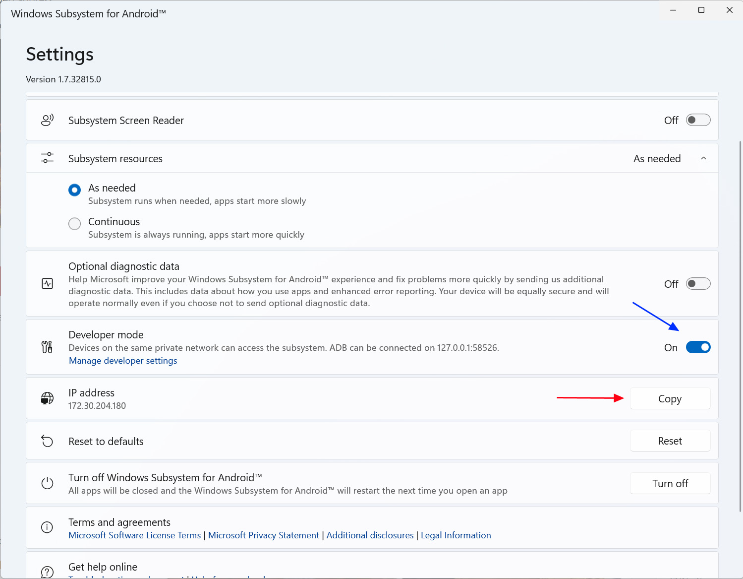 Windows Subsystem for Android Settings
