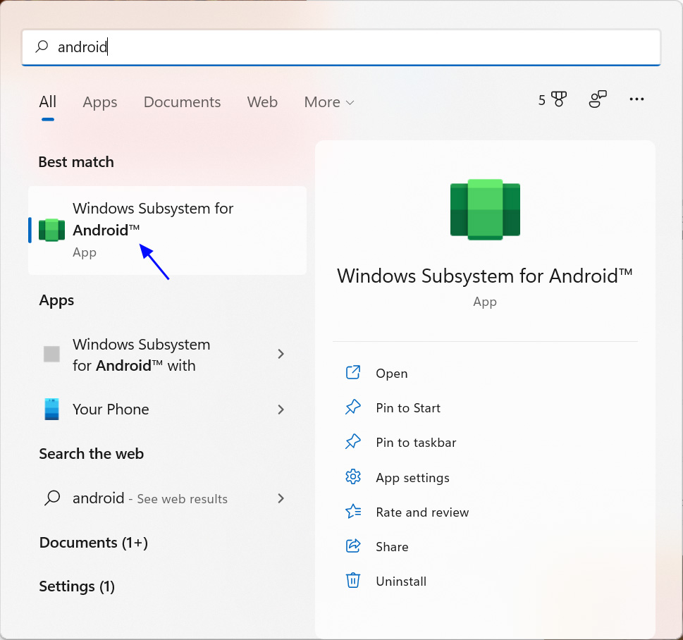 Opening the Windows Subsystem for Android
