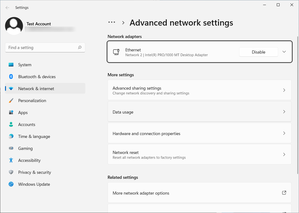 Advanced network settings screen