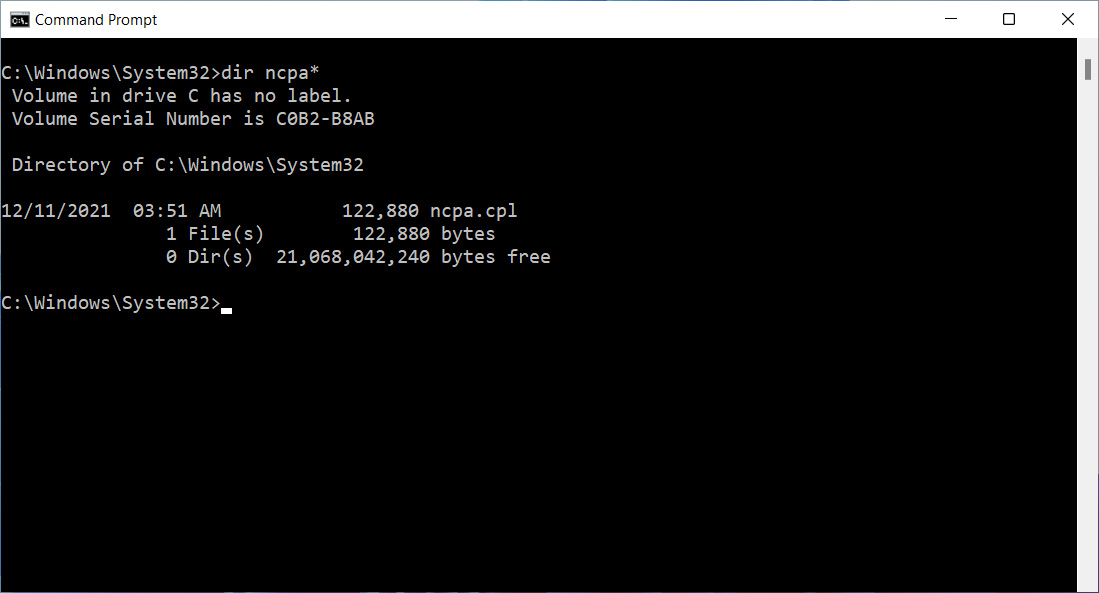 ncpa.cpl file exists under C:WindowsSystem32