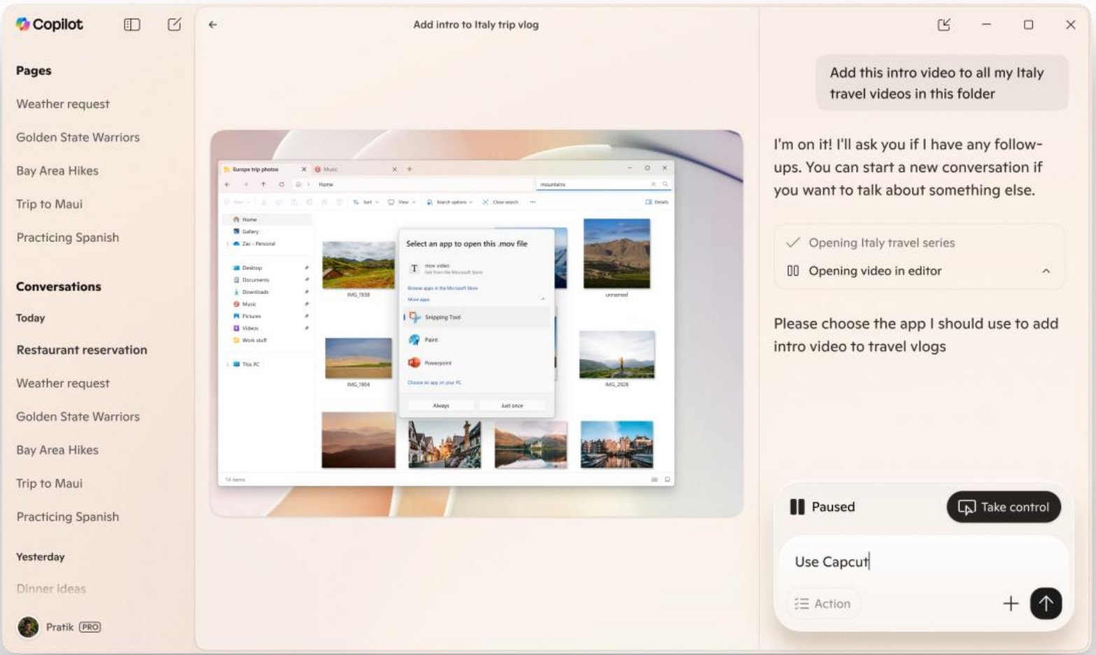 Microsoft Copilot Actions working on a local video