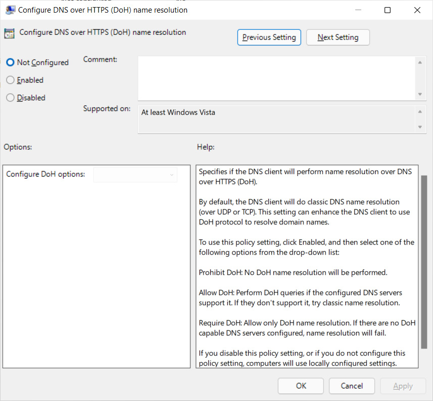 New Configure DNS over HTTPS (DoH) name resolution policy