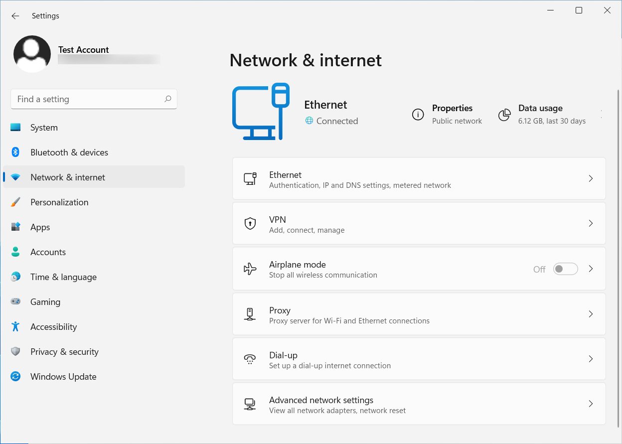 Page de paramètres réseau et Internet