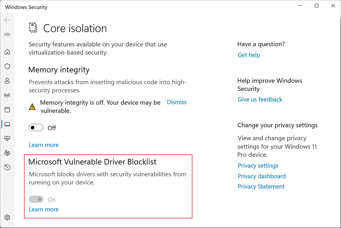 Core Isolation settings in Windows 11 22H2 Insider builds