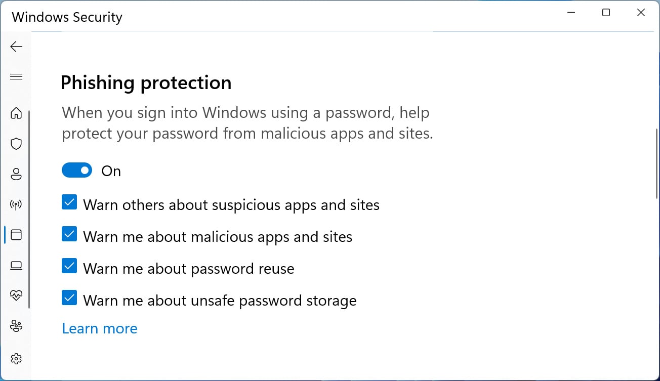 Phishing protection enabled in Windows 11