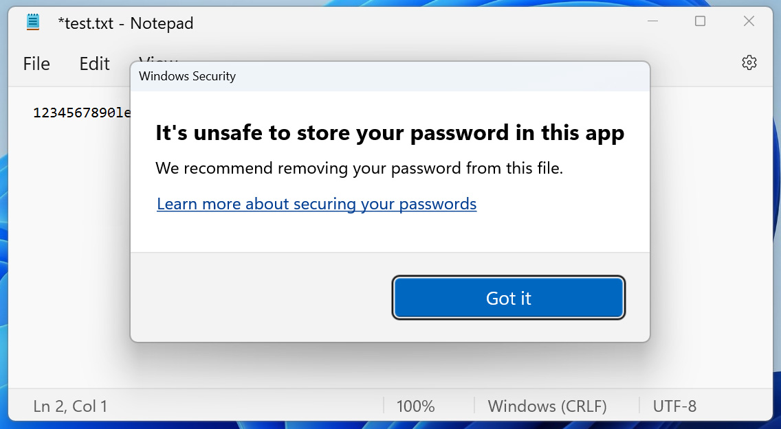 Windows 11 warning when entering your password in Notepad