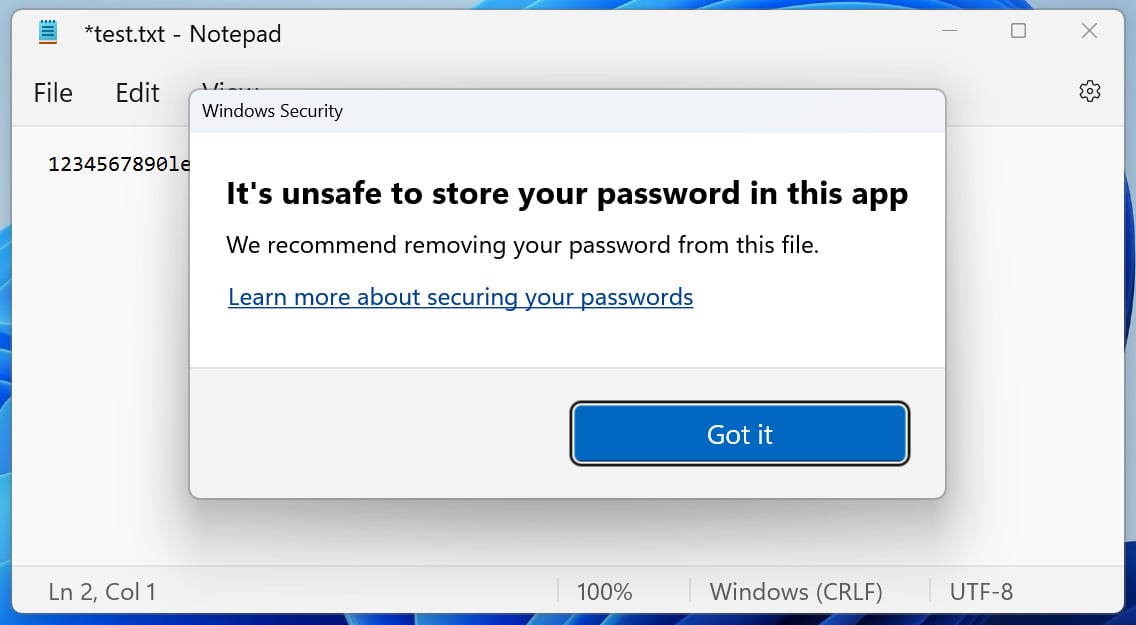 メモ帳でパスワードを入力すると Windows 11 の警告が表示される