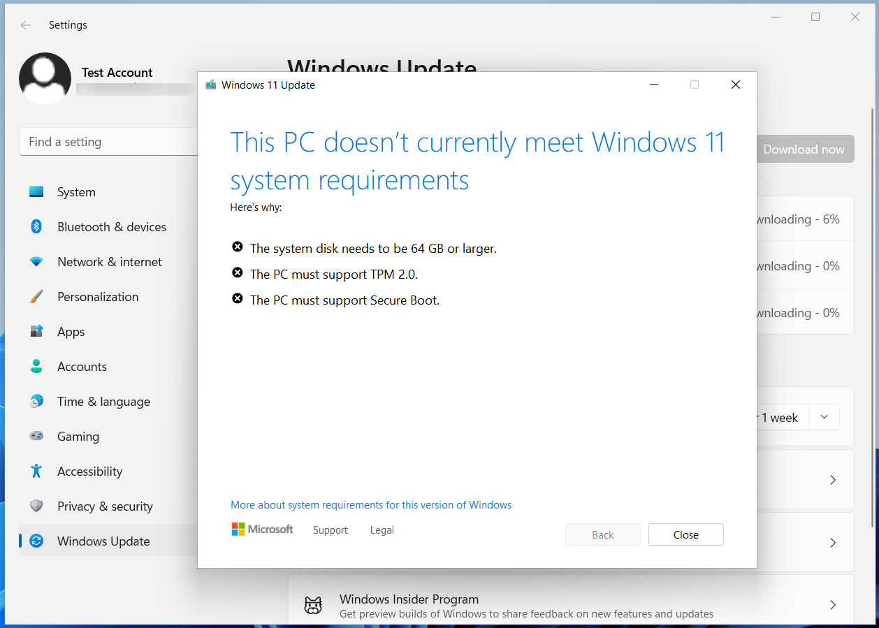 La configuración de Windows 11 falla en hardware incompatible