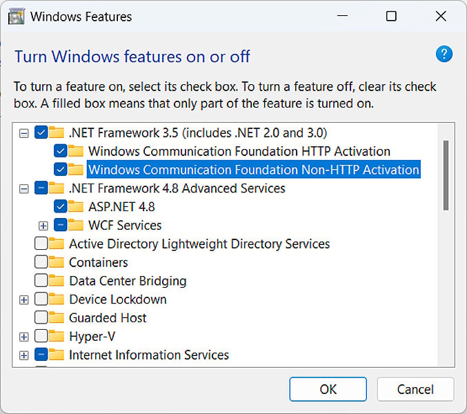 Turn Windows features on or off control panel