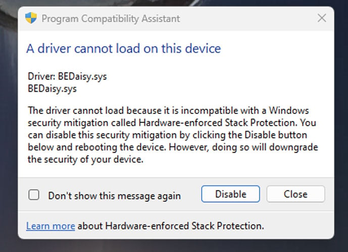 Hardware-enforced Stack Protection warning for an Incompatible driver