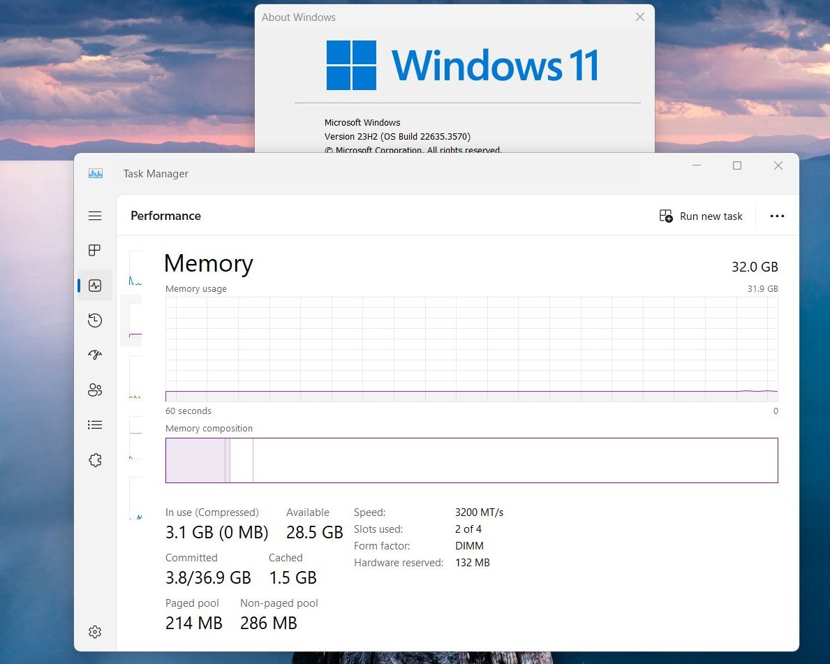 Windows 11 Beta compilación 22635.3570 que muestra MT/s en el Administrador de tareas