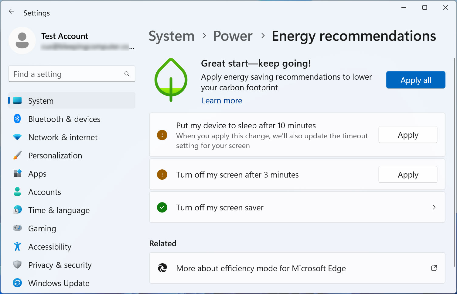 Energy recommendations Settings page