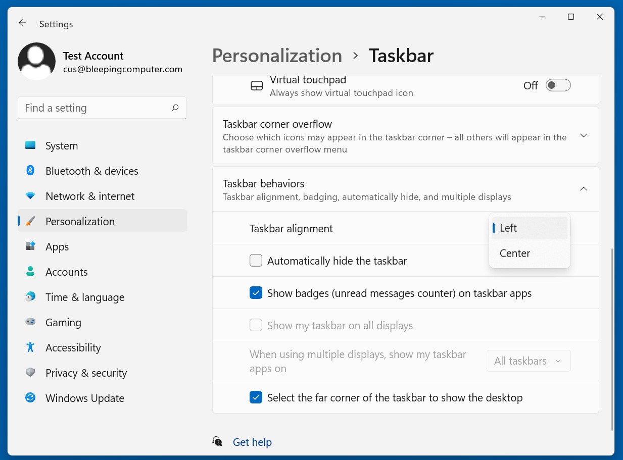 Windows 11 Taskbar alignment settings