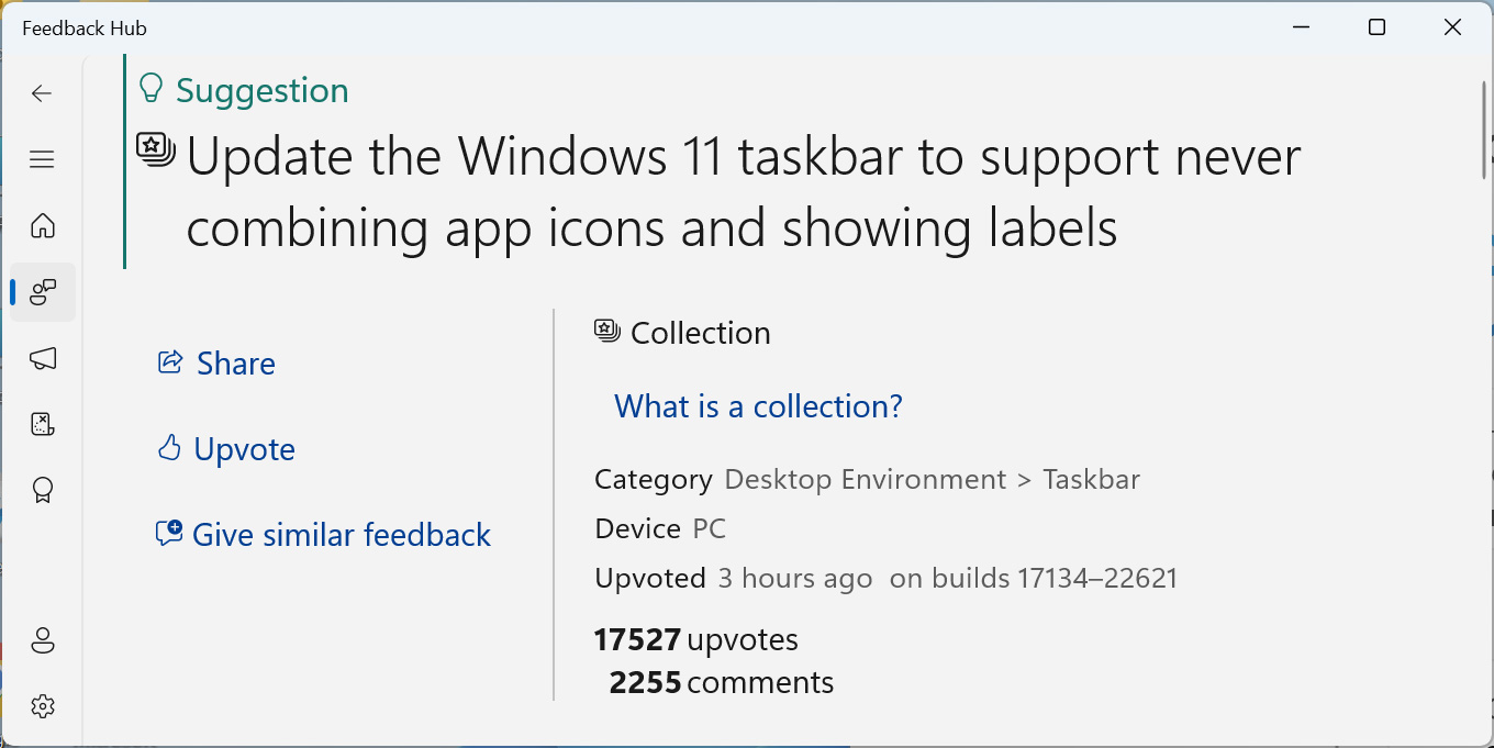 Never Combine taskbar icons suggestion in Feedback Hub