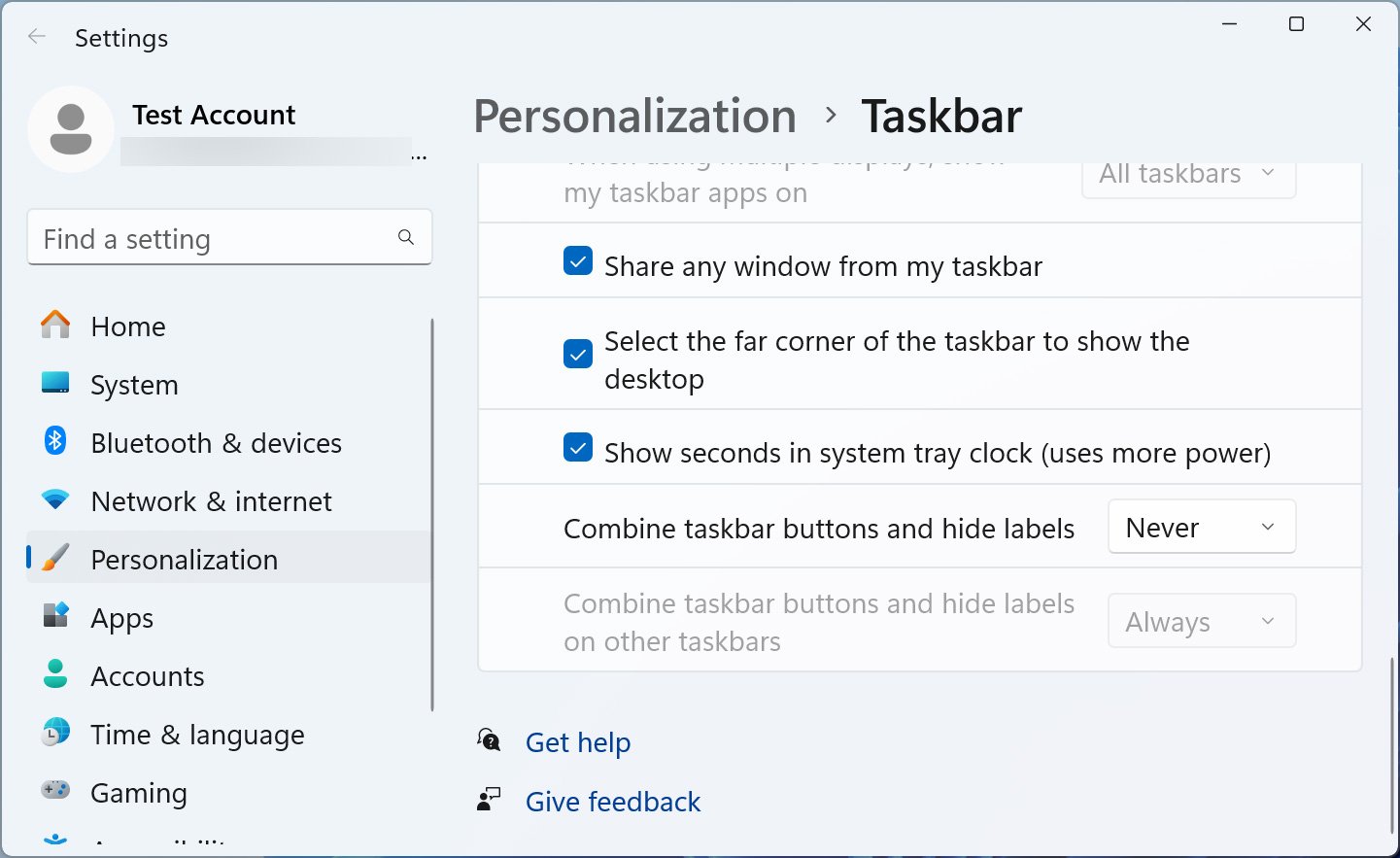 Never combine taskbar buttons setting
