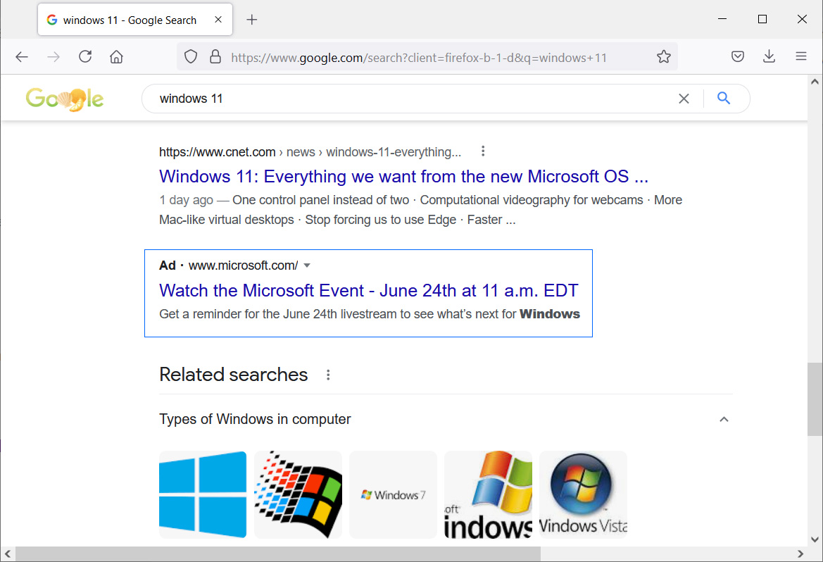 Microsoft Windows event advertisement in Google