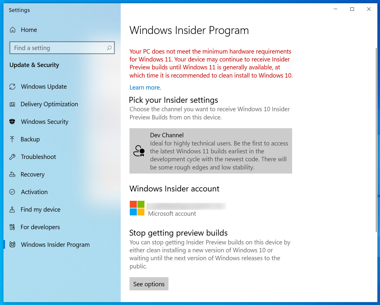 Windows Insider program settings