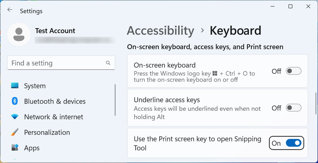 Use the Print Screen key to open the Snipping Tool setting