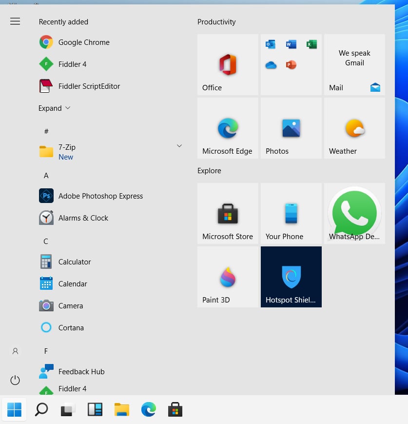Windows 10 Start Menu in WIndows 11